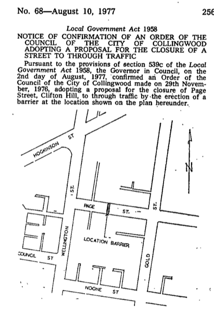 Victorian Government Gazette No. 68, 10 August 1977, formal gazettal of the Page Street closure to through traffic