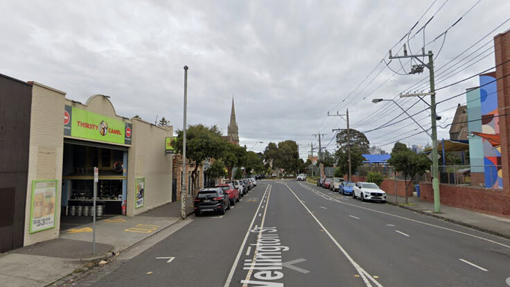 Wellington Street in Clifton Hill looking south from the northern sub-section, showing painted lane markings but no physical protection for cyclists